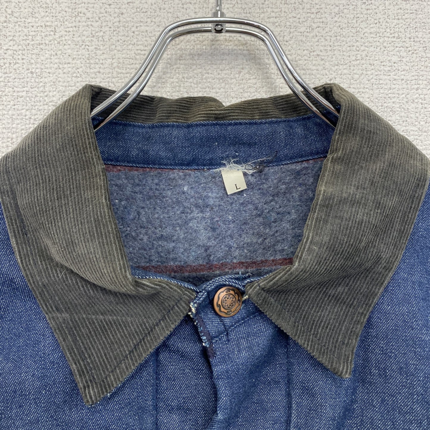 ~80s デニムカバーオール ブランケットライナー コーデュロイカラー 4ポケット 刺繍ロゴ インディゴ Lサイズ