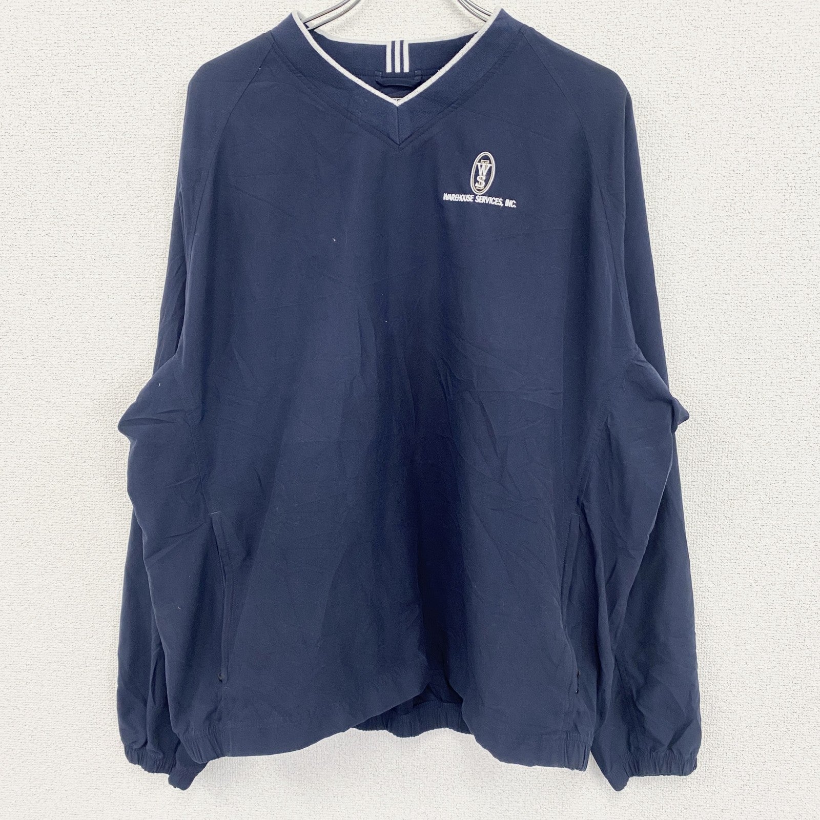 adidas アディダス プルオーバーナイロンジャケット 刺繡ロゴ 紺