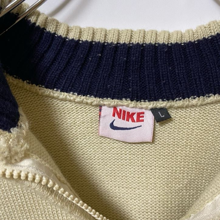 古着 used NIKE ナイキ 長袖ハーフジップニット セーター ワンポイントロゴ刺繍 ライン ハイネック Lサイズ