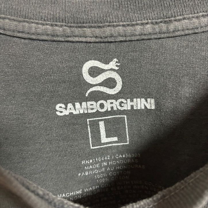 古着 used SAMBORGHINI 半袖バックプリントTシャツ ワンポイント 切りっぱなし グレー 春夏服 Lサイズ
