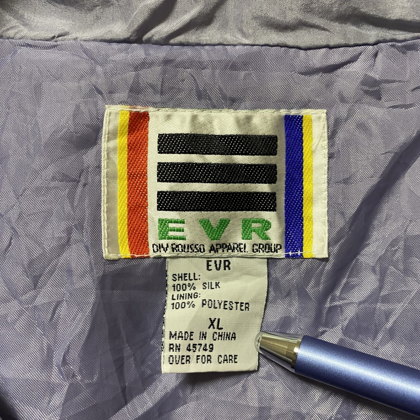 古着 used EVR 長袖フルジップナイロンジャケット シルク100% 肩パッド 紫 パープル オーバーサイズ XLサイズ