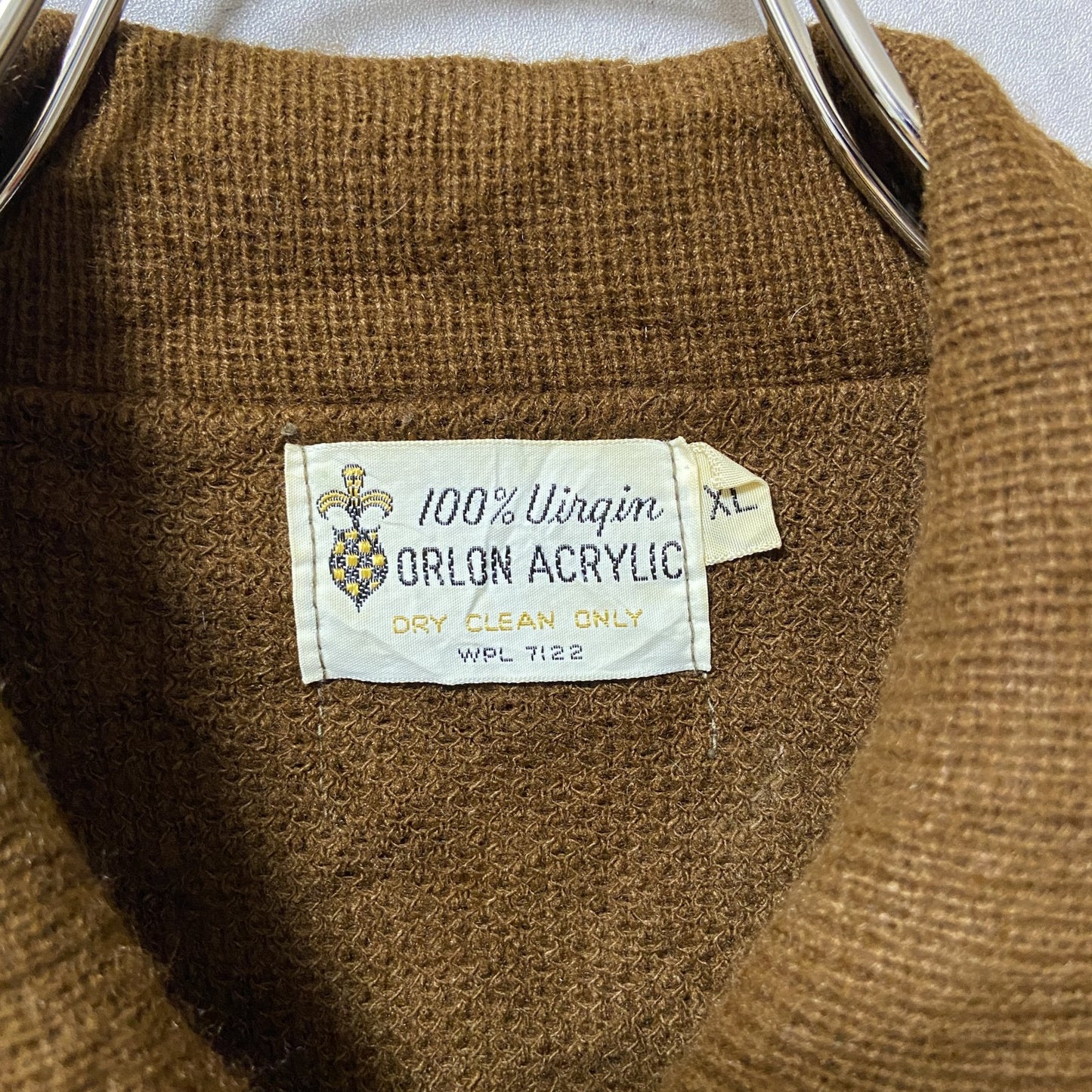 ~70s ORLON ACRYLIC フルジップカーディガン レザー パッチワーク 茶色 ヴィンテージ XLサイズ