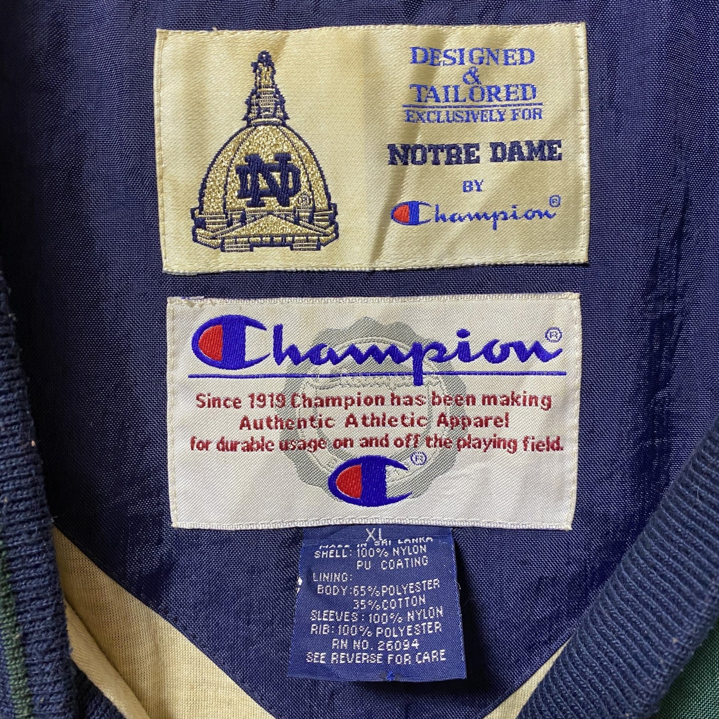 古着 used 90s Champion チャンピオン 長袖カレッジナイロンジャケット ノートルダム大学 緑 オーバーサイズ