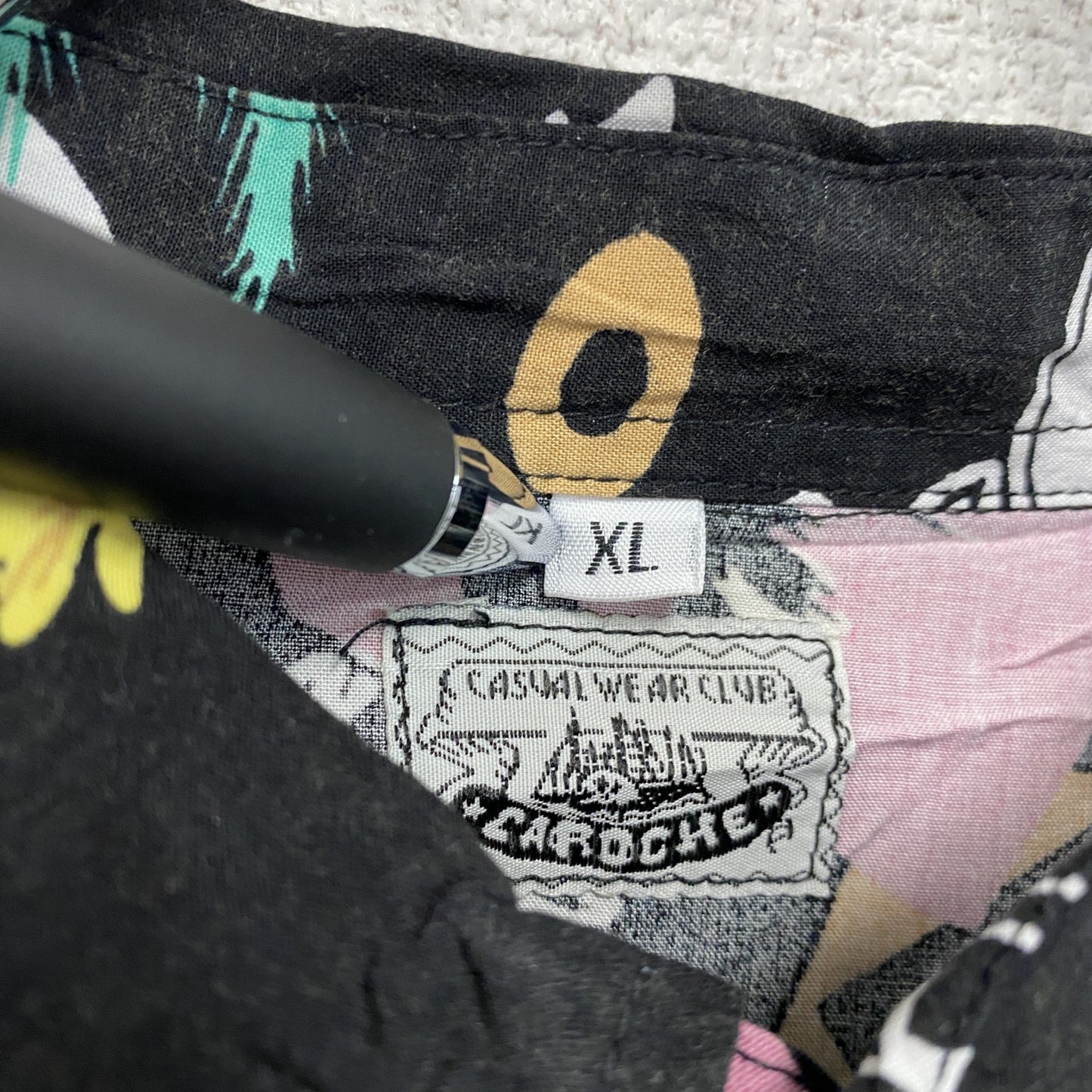 CAROCHE 長袖プリント総柄シャツ ヤシの木 黒 ブラック ピンク XLサイズ