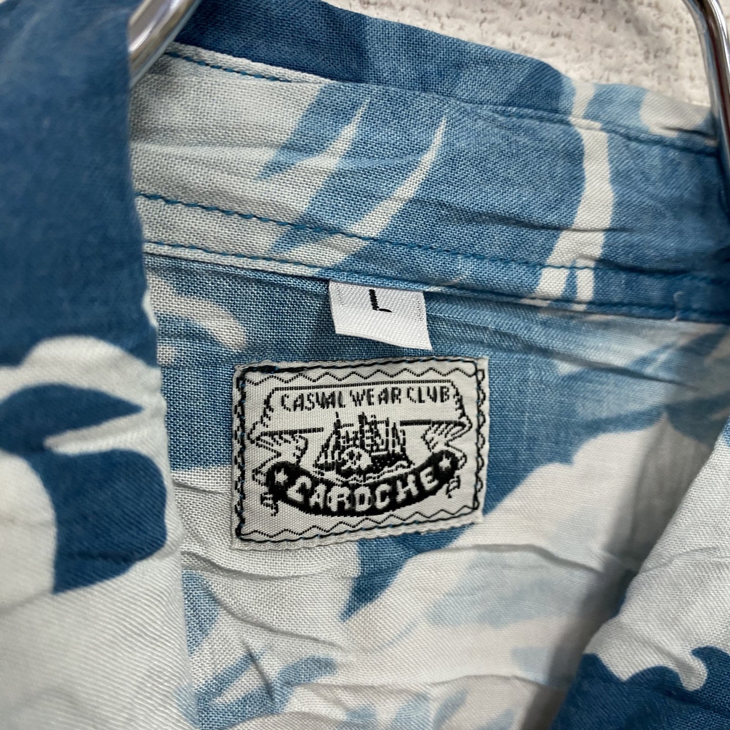 CAROCHE 長袖プリント総柄シャツ 海 鶴 青 ブルー Lサイズ