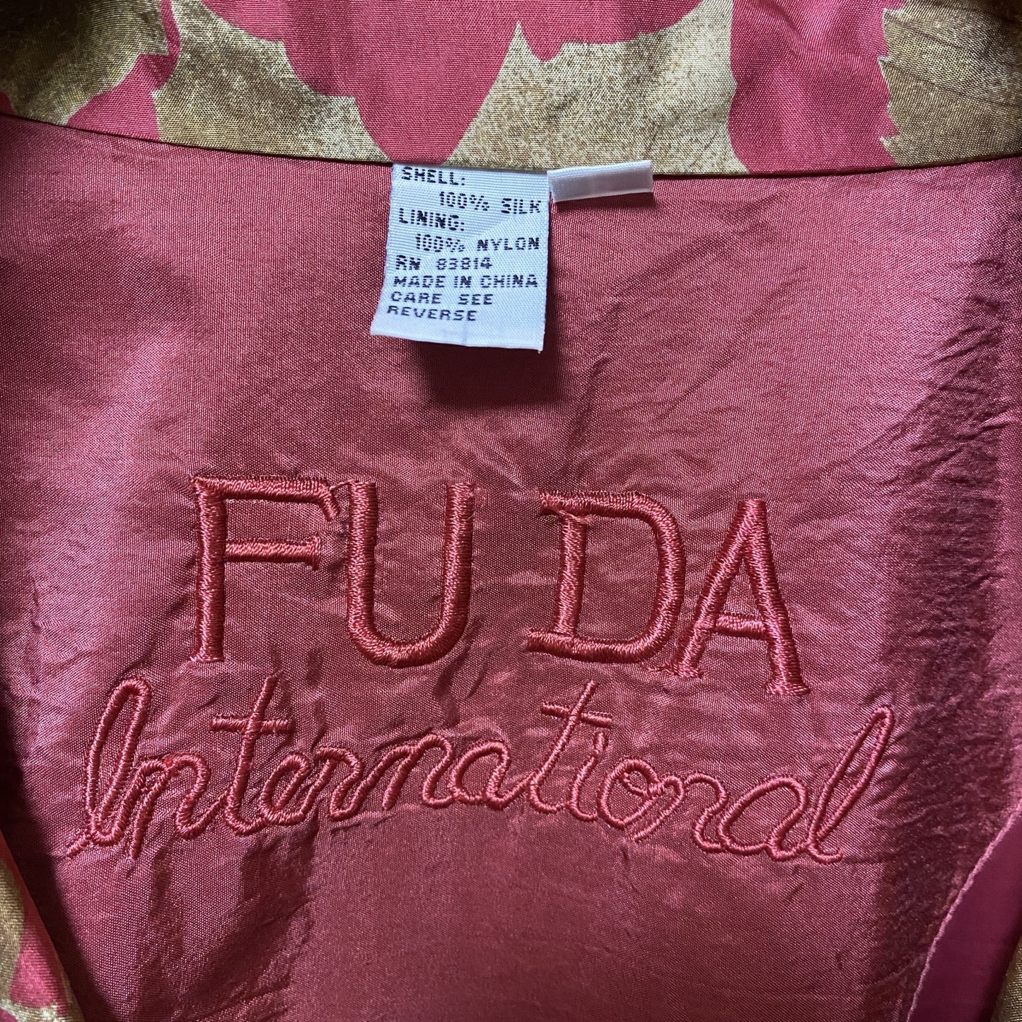 古着 used FUDA International 長袖シルクジャケット 肩パッド付きブルゾン 総柄 ハイネック ヴィンテージ