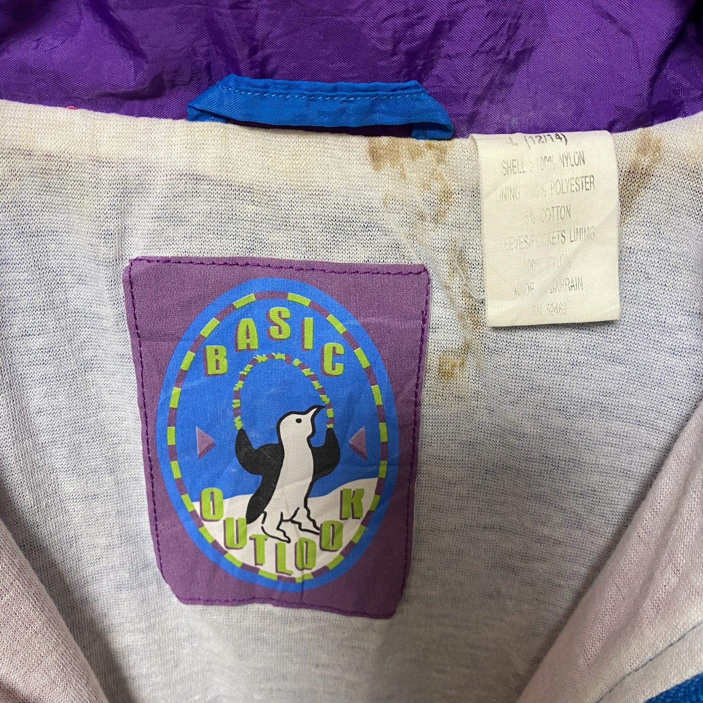 古着 used BASIC OUTLOOK 長袖ナイロンジャケット マルチカラー 水色 カラフル ヴィンテージ Lサイズ