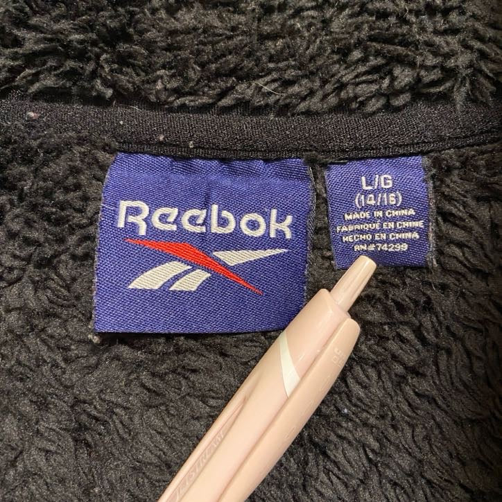 古着 used Reebok リーボック 長袖ハイネックフリースジャケット ボアアウター ワッペン刺繍 黒 ブラック Lサイズ