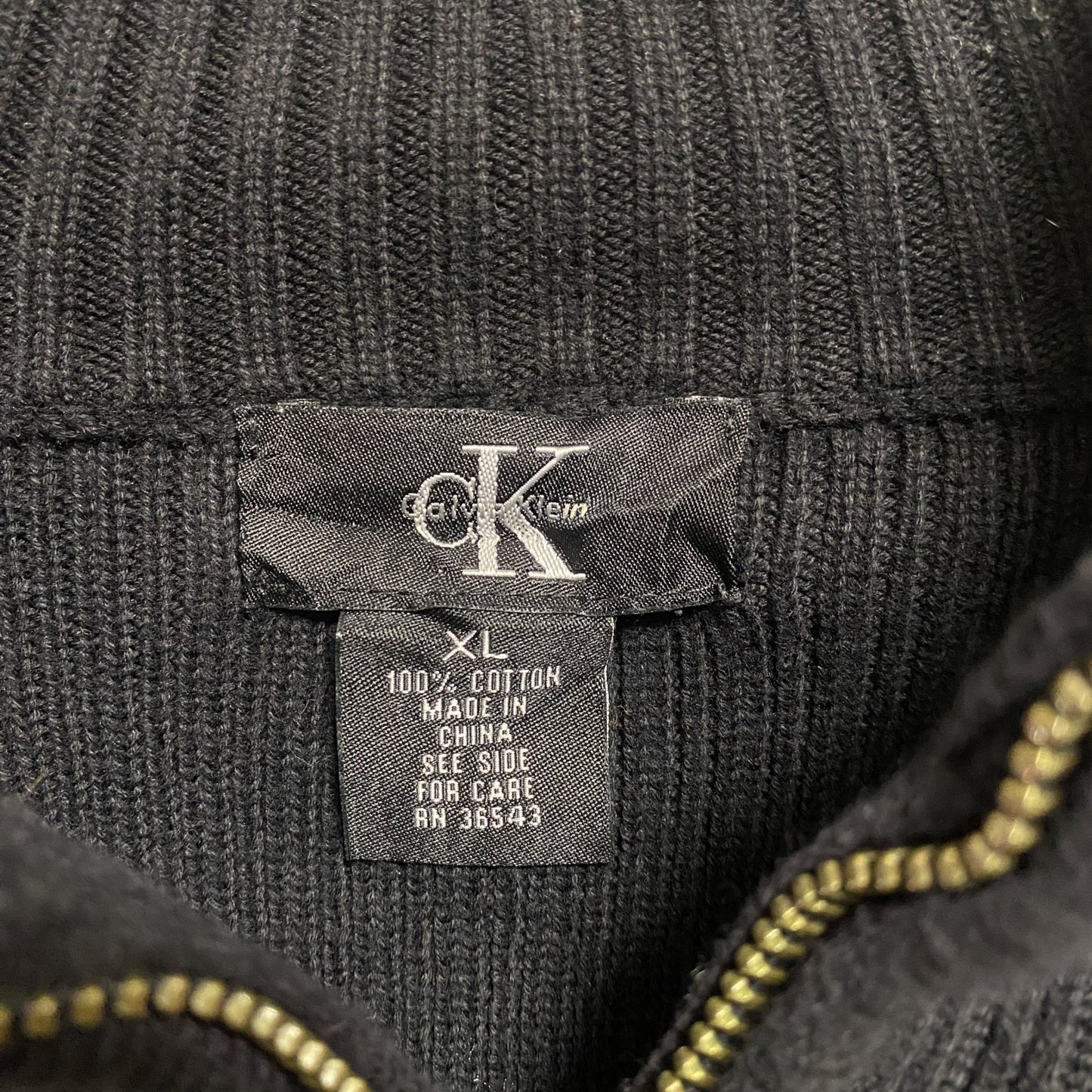 古着 used Calvin Klein カルバンクライン 長袖ハーフジップニット セーター 無地 黒 ハイネック XLサイズ