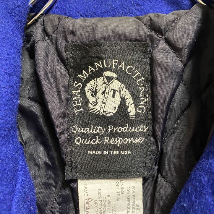 古着 used TEJASMANUFACTURING 長袖レタードスタジャン アワードジャケット 青 ブルー ネイビー Sサイズ