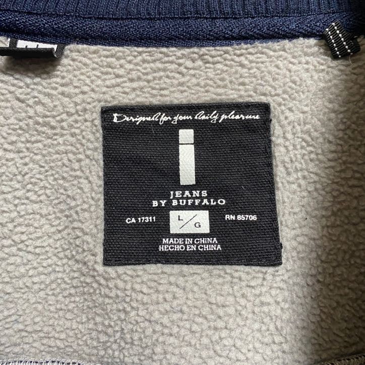 古着 used JEANSBYBUFFALO 長袖スエードスタジャン アワードジャケット ワンポイント刺繍 ネイビー Lサイズ