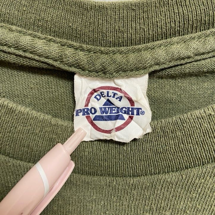 古着 used 半袖プリントロゴTシャツ クルーネック PUTITALL ONTHELINE カーキ 緑 レトロ Lサイズ