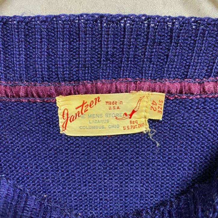 古着 used ~70s Jantzen ジャンセン USA製 ヴィンテージ 長袖Vガゼットニット セーター 青 ブルー Sサイズ