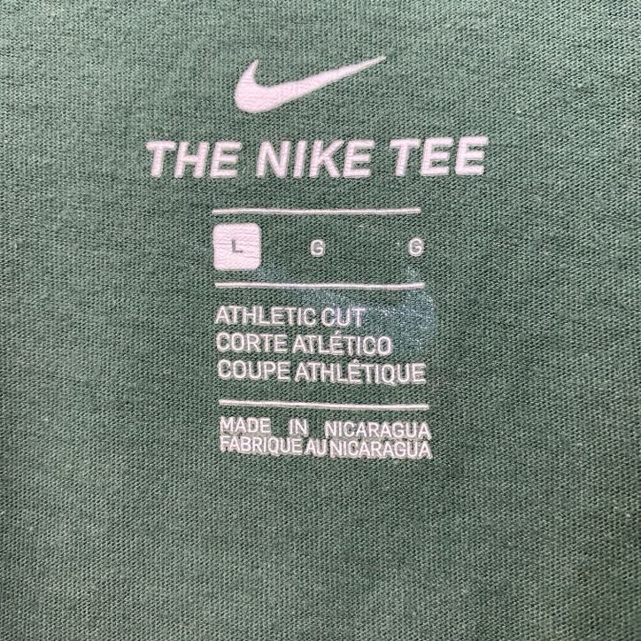 古着 used NIKE ナイキ 半袖プリントTシャツ 緑 スウッシュマーク KARRER 三つ葉 クルーネック Lサイズ