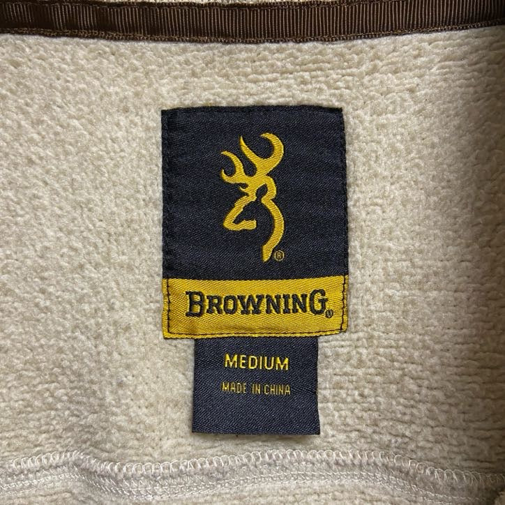 古着 used BROWNING 長袖フリースジャケット ハーフジップ ワンポイント刺繡 ベージュ 秋冬服 Mサイズ