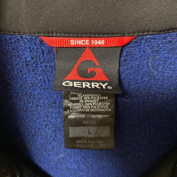 古着 used GERRY ジェリー 長袖フリースジャケット パーカー ハイネック ワンポイントロゴ刺繍 青 黒 秋冬服 Lサイズ