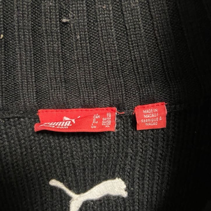古着 used puma プーマ 長袖ニットジャケット フルジップセーター ワンポイントロゴ刺繍 ハイネック 黒 Lサイズ