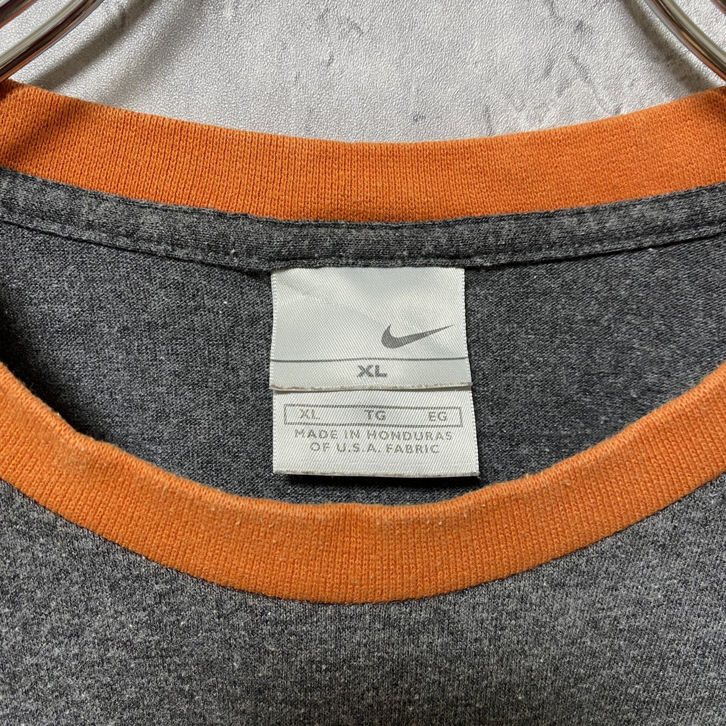 古着 used NIKE ナイキ 半袖リンガープリントTシャツ グレー オレンジ 春夏服 レトロ ビッグシルエット XLサイズ
