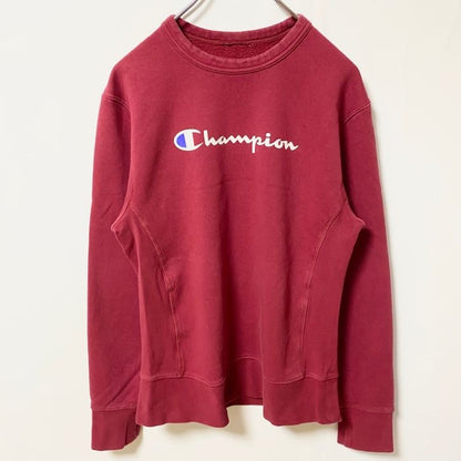 古着 used　Champion チャンピオン　長袖ロゴプリントスウェット　トレーナー　赤　レッド　クルーネック　Sサイズ