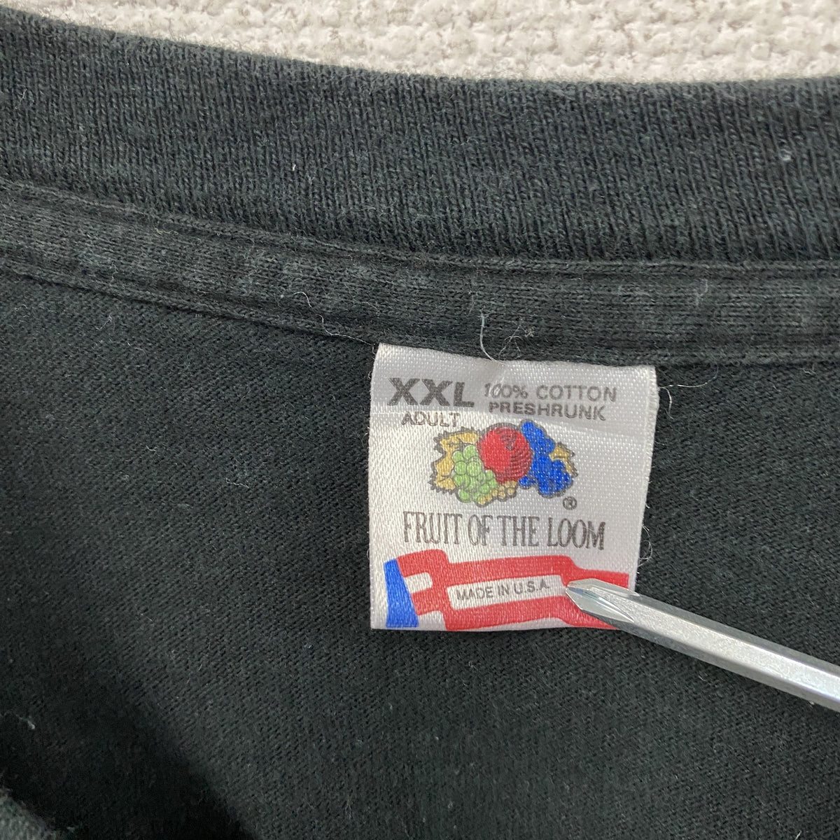 FRUIT OF THE LOOM　フルーツオブザルーム　半袖プリントTシャツ　シングルステッチ　ヴィンテージ　黒　ブラック　2XLサイズ カットソー メンズ コットン 古着