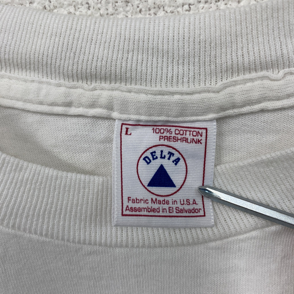 DELTA　デルタ　半袖プリントTシャツ　シングルステッチ　ヴィンテージ　白　ホワイト　Lサイズ カットソー メンズ コットン 古着