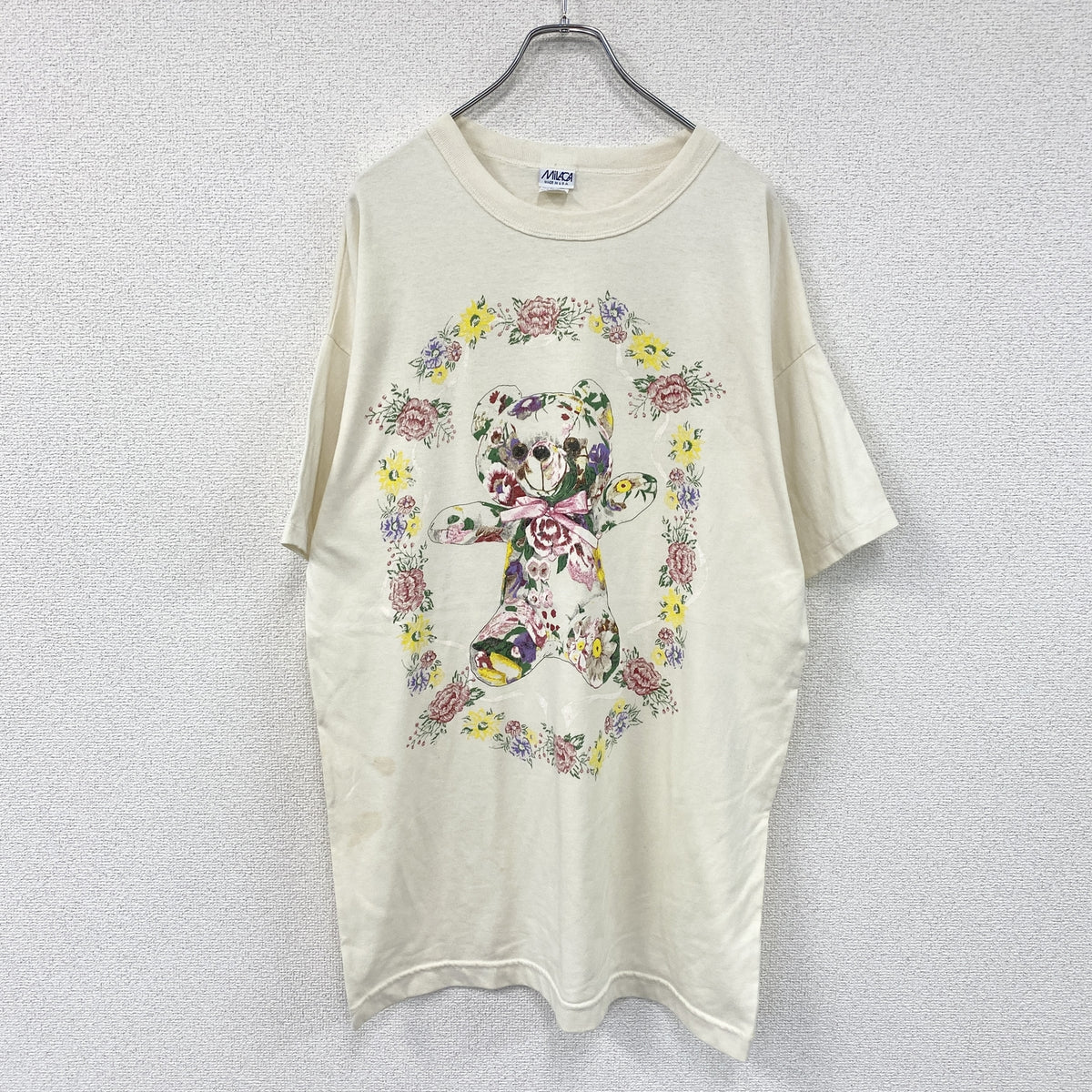 MILACA　半袖プリントTシャツ　シングルステッチ　ヴィンテージ　ベージュ　ワンサイズ カットソー メンズ コットン 古着