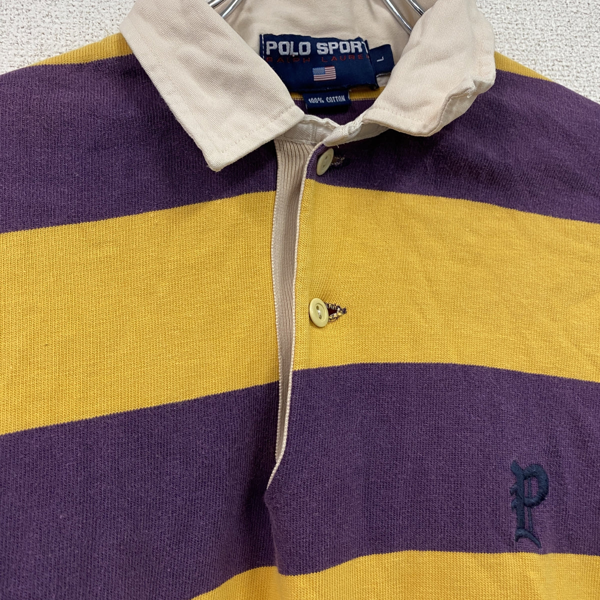 POLO SPORT　ポロスポーツ　長袖ポロシャツ/ラガーシャツ　ボーダー柄　黄色　イエロー　紺　ネイビー　Lサイズ　古着