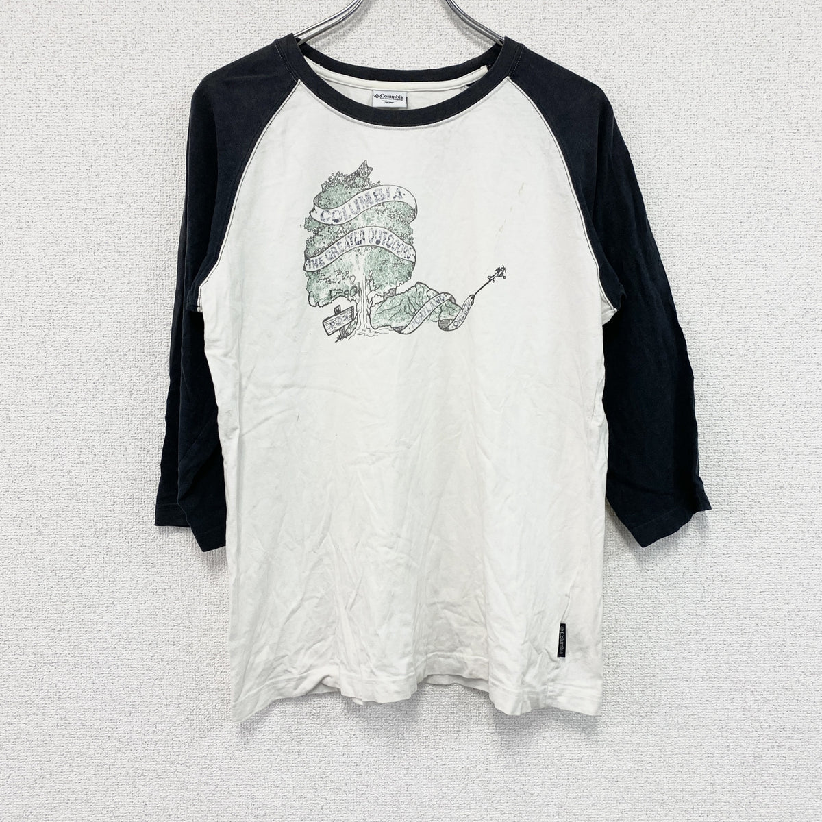 Columbia　コロンビア　長袖Tシャツ/ロンT　ラグラン　白　ホワイト　　黒　ブラック　Lサイズ　古着