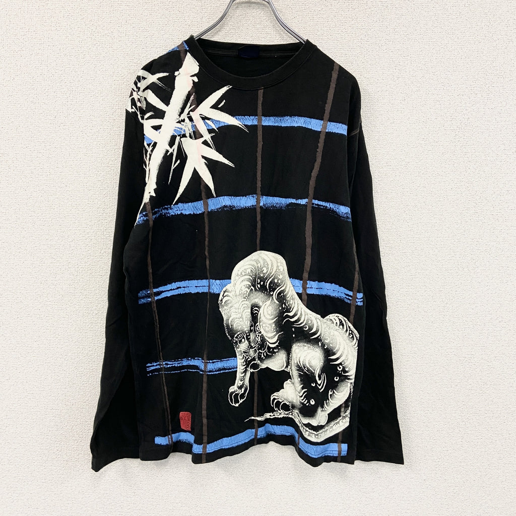 和柄　長袖Tシャツ/ロンT　黒　ブラック　LLサイズ　古着
