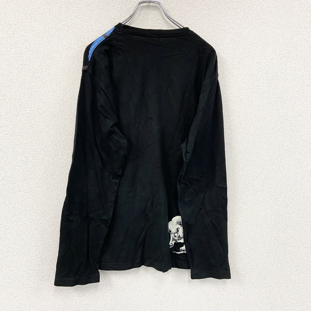 和柄　長袖Tシャツ/ロンT　黒　ブラック　LLサイズ　古着