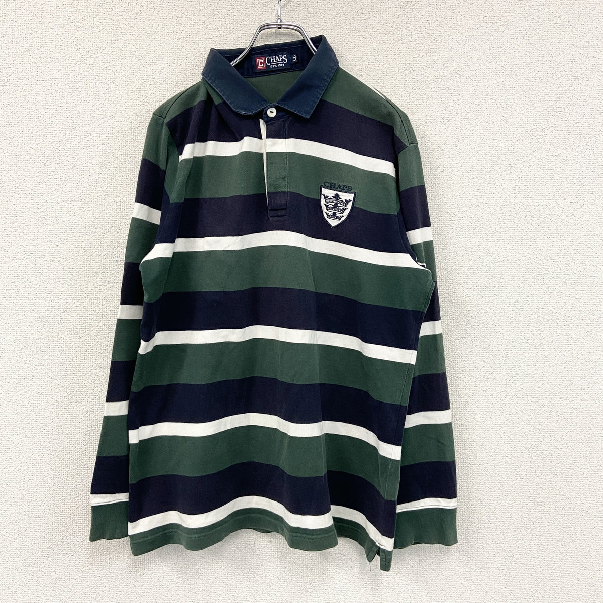 CHAPS　チャップス　長袖ポロシャツ/ラガーシャツ　ボーダー柄　緑　グリーン　紺　ネイビー　LLサイズ　古着