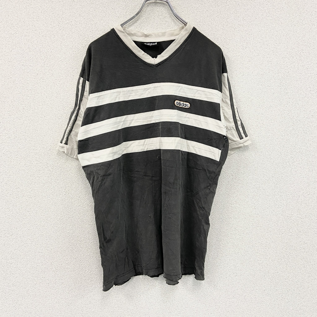 adidas　アディダス　半袖Tシャツ　Vネック　ボーダー　黒　ブラック　白　ホワイト　Lサイズ　古着