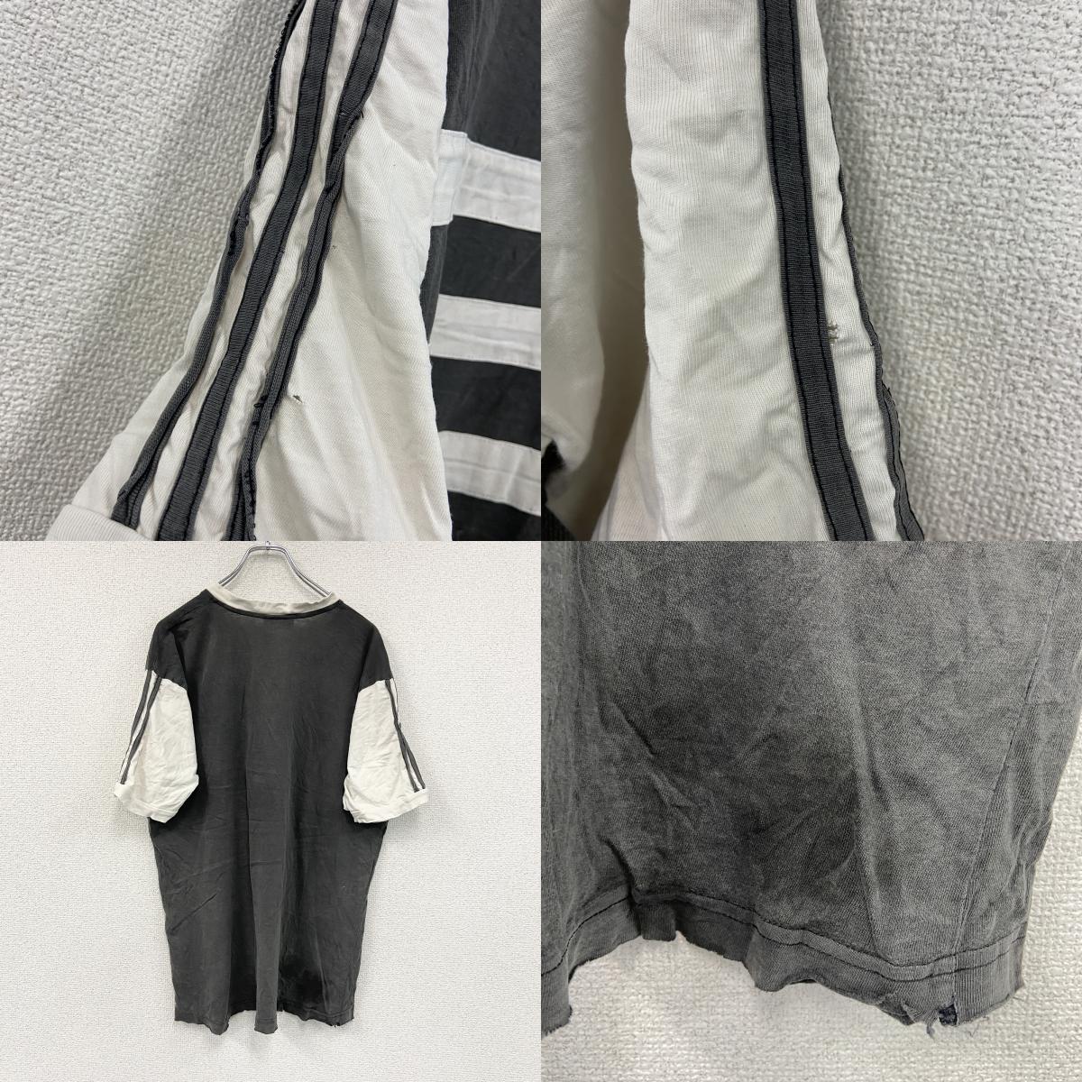adidas　アディダス　半袖Tシャツ　Vネック　ボーダー　黒　ブラック　白　ホワイト　Lサイズ　古着