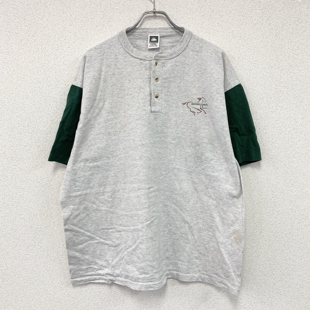 COTTON DELUXE　半袖ヘンリーネックTシャツ　シングルステッチ　ヴィンテージ　グレー　緑　グリーン　XLサイズ　古着