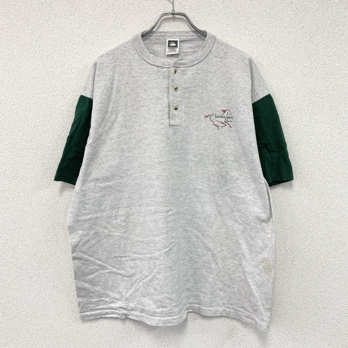 COTTON DELUXE　半袖ヘンリーネックTシャツ　シングルステッチ　ヴィンテージ　グレー　緑　グリーン　XLサイズ　古着