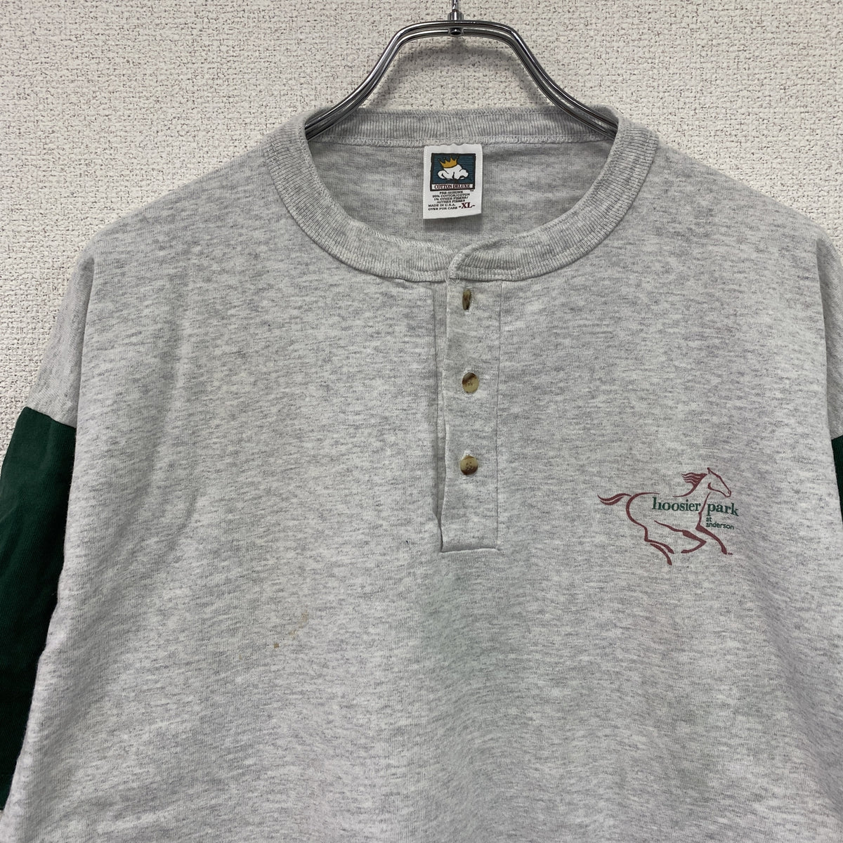 COTTON DELUXE　半袖ヘンリーネックTシャツ　シングルステッチ　ヴィンテージ　グレー　緑　グリーン　XLサイズ　古着