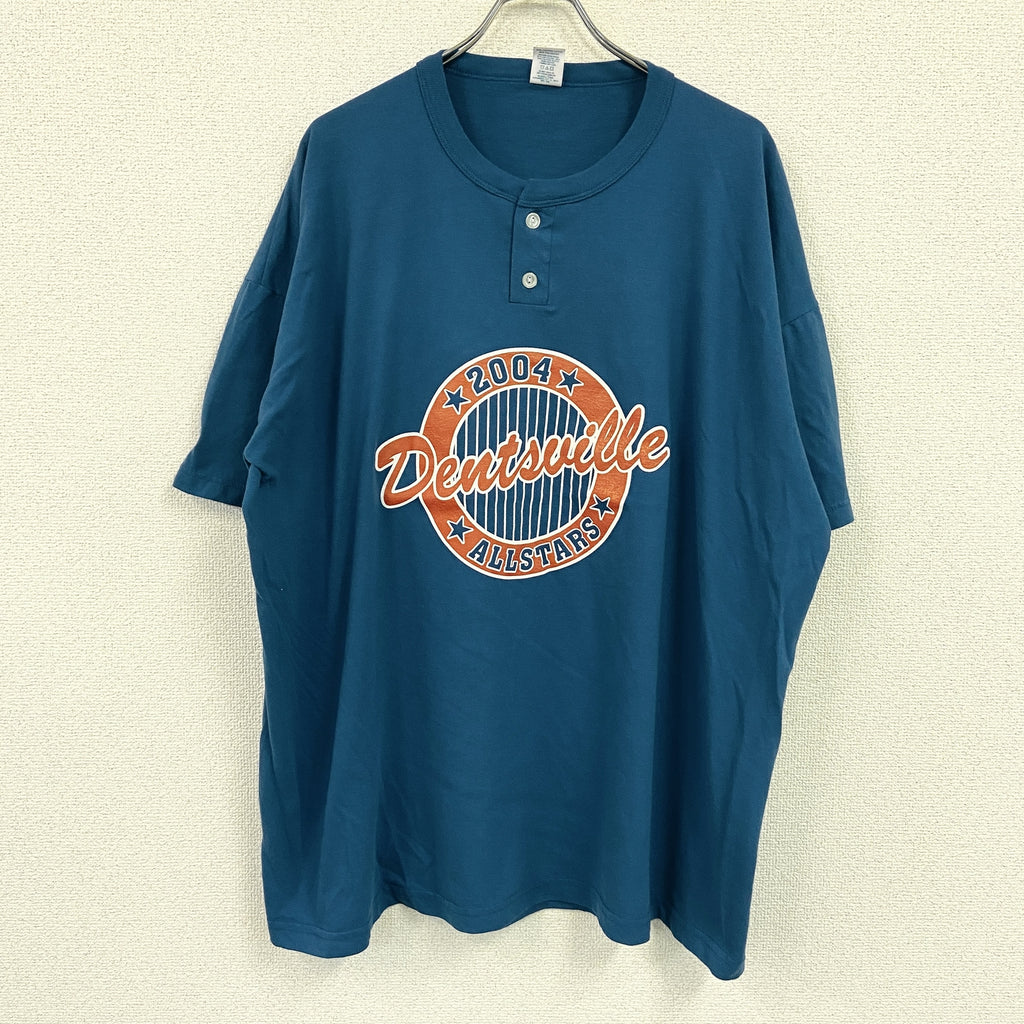 RUSSELL ATHLETIC　ラッセルアスレチック　半袖ヘンリーネックプリントTシャツ　刺ワッペン　青　ブルー　XXLサイズ　古着