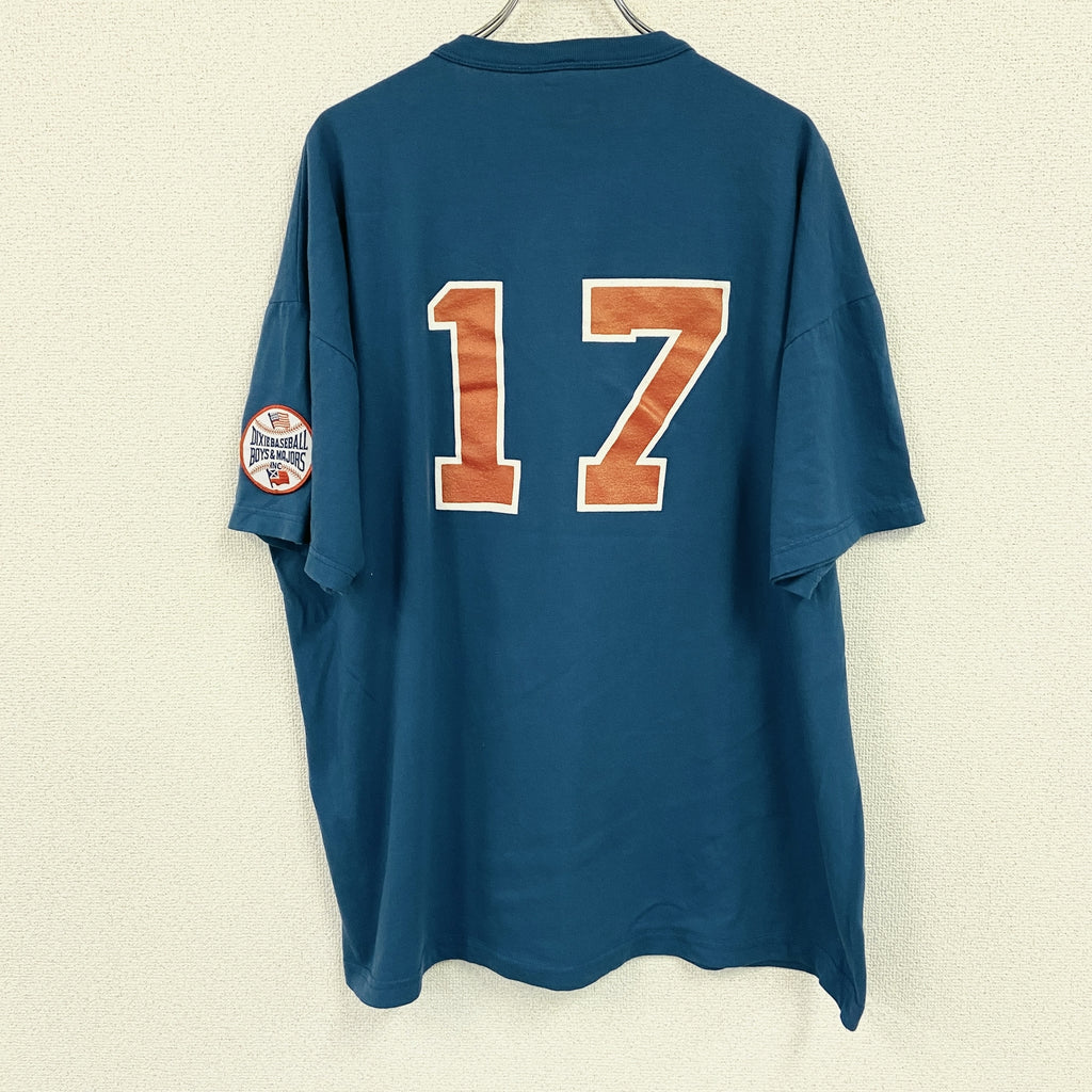 RUSSELL ATHLETIC　ラッセルアスレチック　半袖ヘンリーネックプリントTシャツ　刺ワッペン　青　ブルー　XXLサイズ　古着