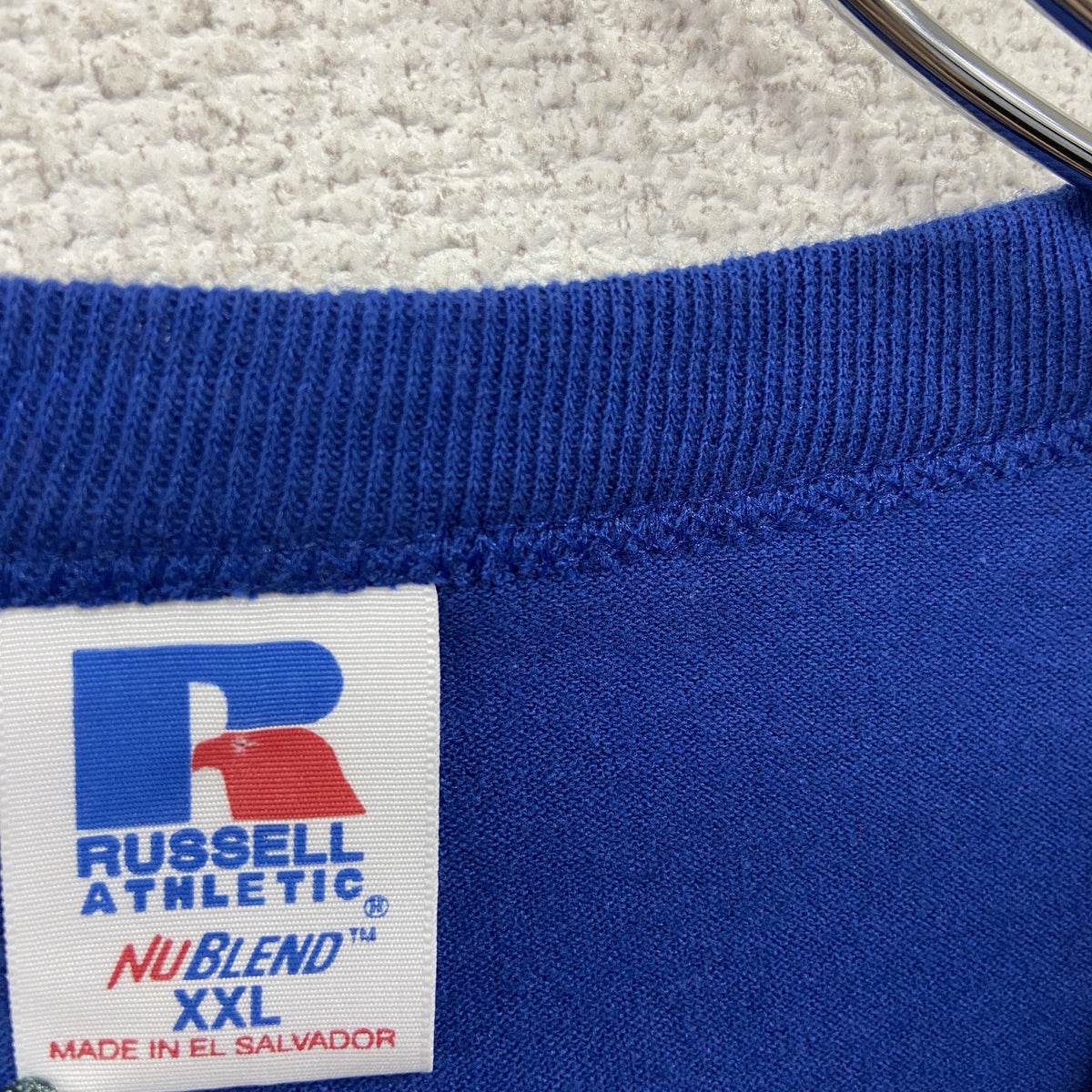 RUSSELL ATHLETIC　ラッセルアスレチック　半袖ヘンリーネックプリントTシャツ　刺ワッペン　青　ブルー　XXLサイズ　古着