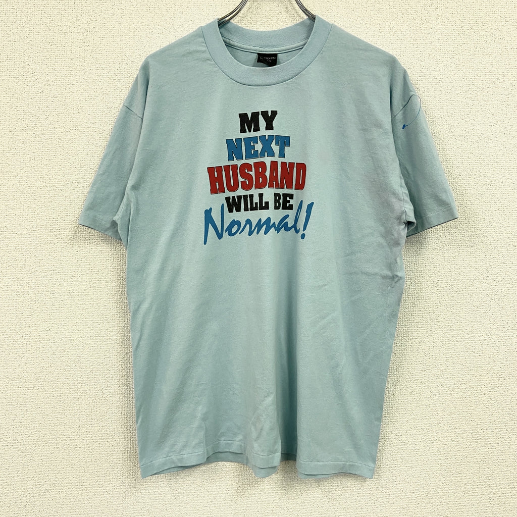 PLATINUMPLUS　半袖プリントTシャツ　シングルステッチ　ヴィンテージ　青　ライトブルー　XLサイズ カットソー メンズ コットン 古着