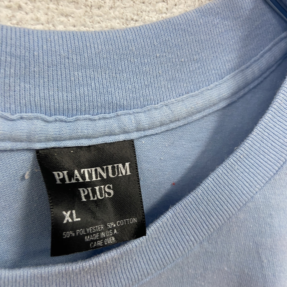PLATINUMPLUS　半袖プリントTシャツ　シングルステッチ　ヴィンテージ　青　ライトブルー　XLサイズ カットソー メンズ コットン 古着