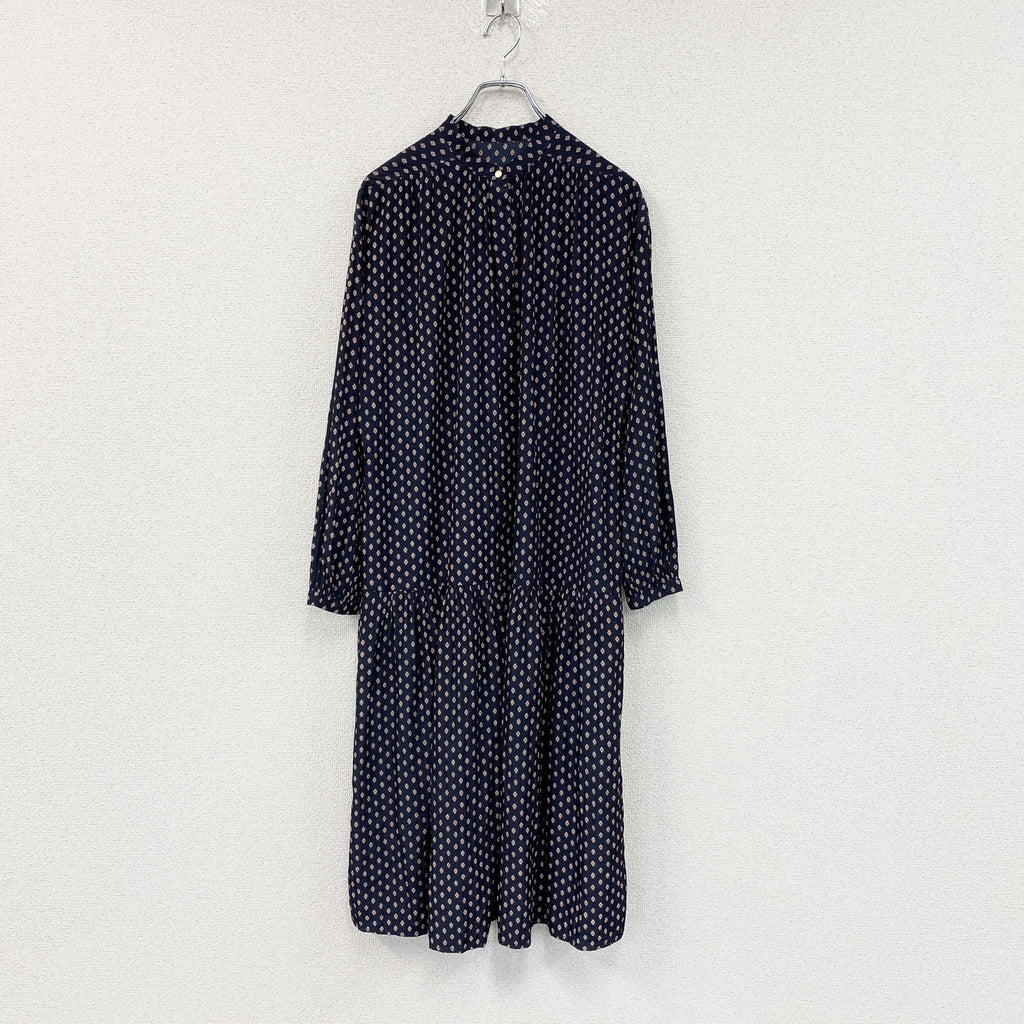 SHIPS　シップス　長袖ワンピース　総柄　紺　ネイビー　Fサイズ　古着