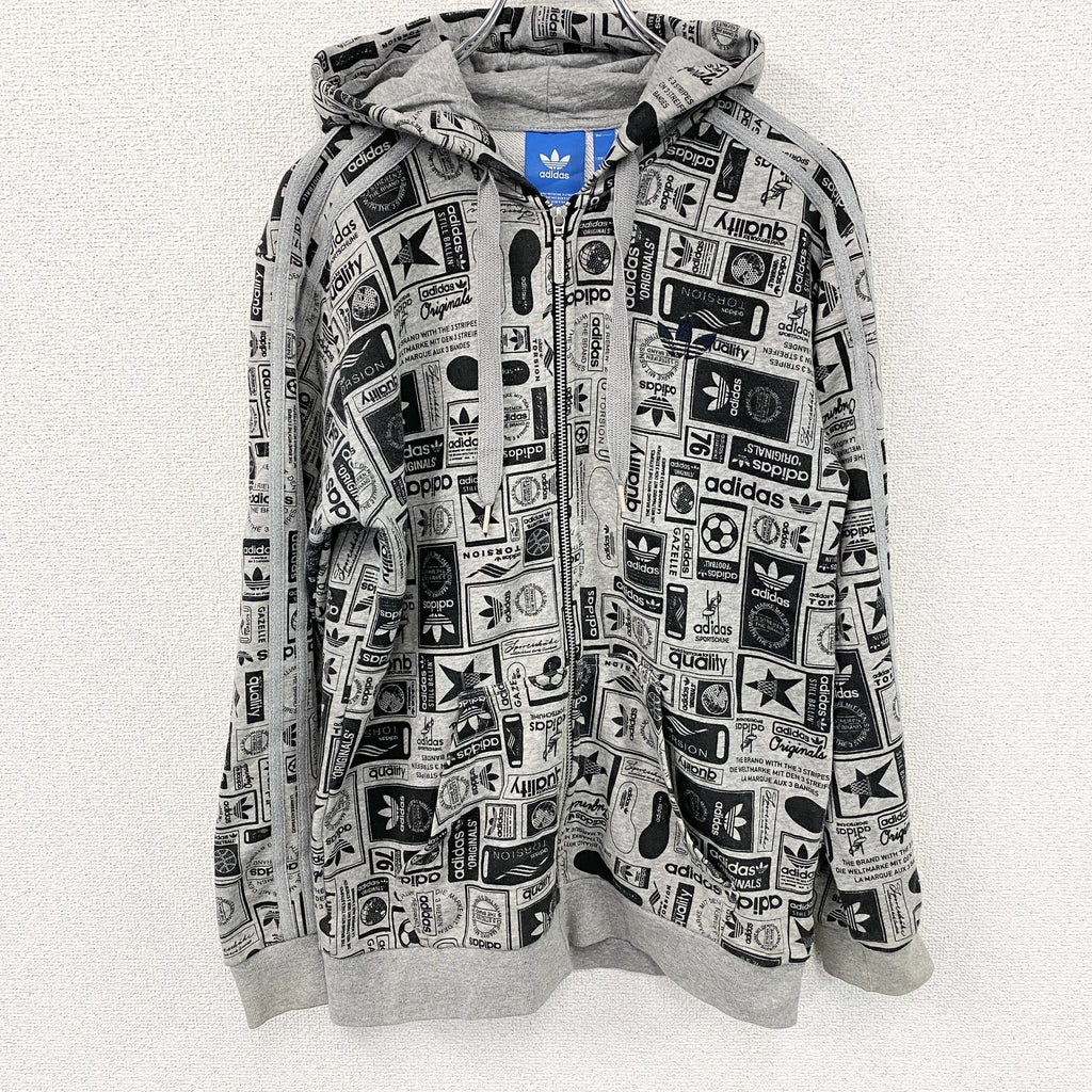 adidas　アディダス　フルジップパーカー/フーディー　総柄　グレー　XSサイズ　古着