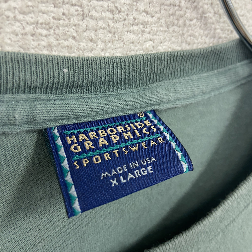HARBORSIDE GRAPMICS　半袖プリントTシャツ　シングルステッチ　ヴィンテージ　緑　ライトグリーン　XLサイズ カットソー メンズ コットン 古着