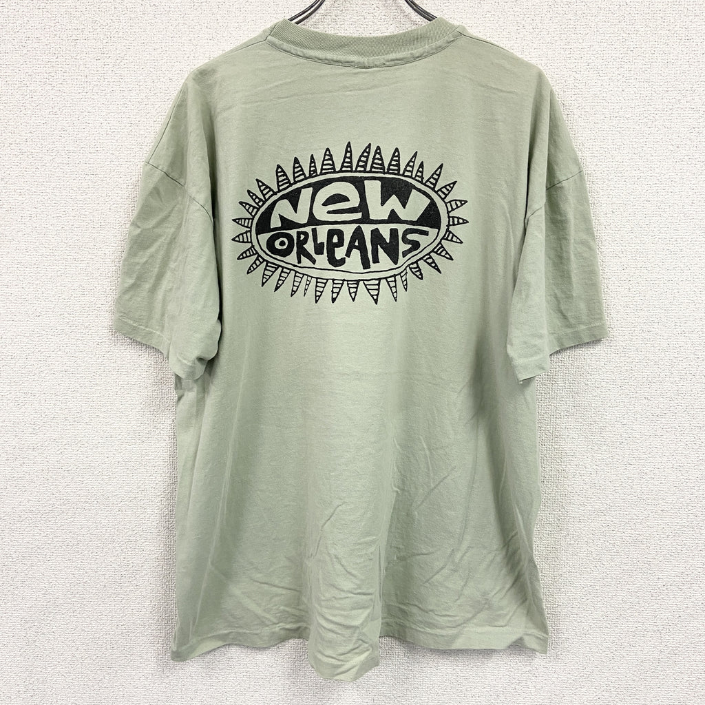 半袖プリントTシャツ　シングルステッチ　ヴィンテージ　緑　ライトグリーン　XLサイズ カットソー メンズ コットン 古着