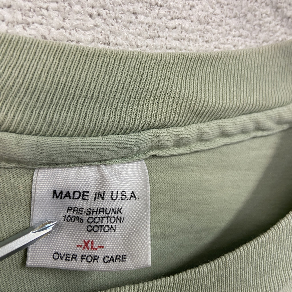 半袖プリントTシャツ　シングルステッチ　ヴィンテージ　緑　ライトグリーン　XLサイズ カットソー メンズ コットン 古着