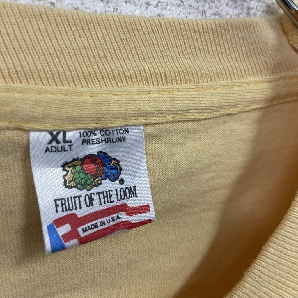 FRUIT OF THE LOOM　フルーツオブザルーム　半袖プリントTシャツ　シングルステッチ　ヴィンテージ　黄色　ライトイエロー　XLサイズ カットソー メンズ コットン 古着