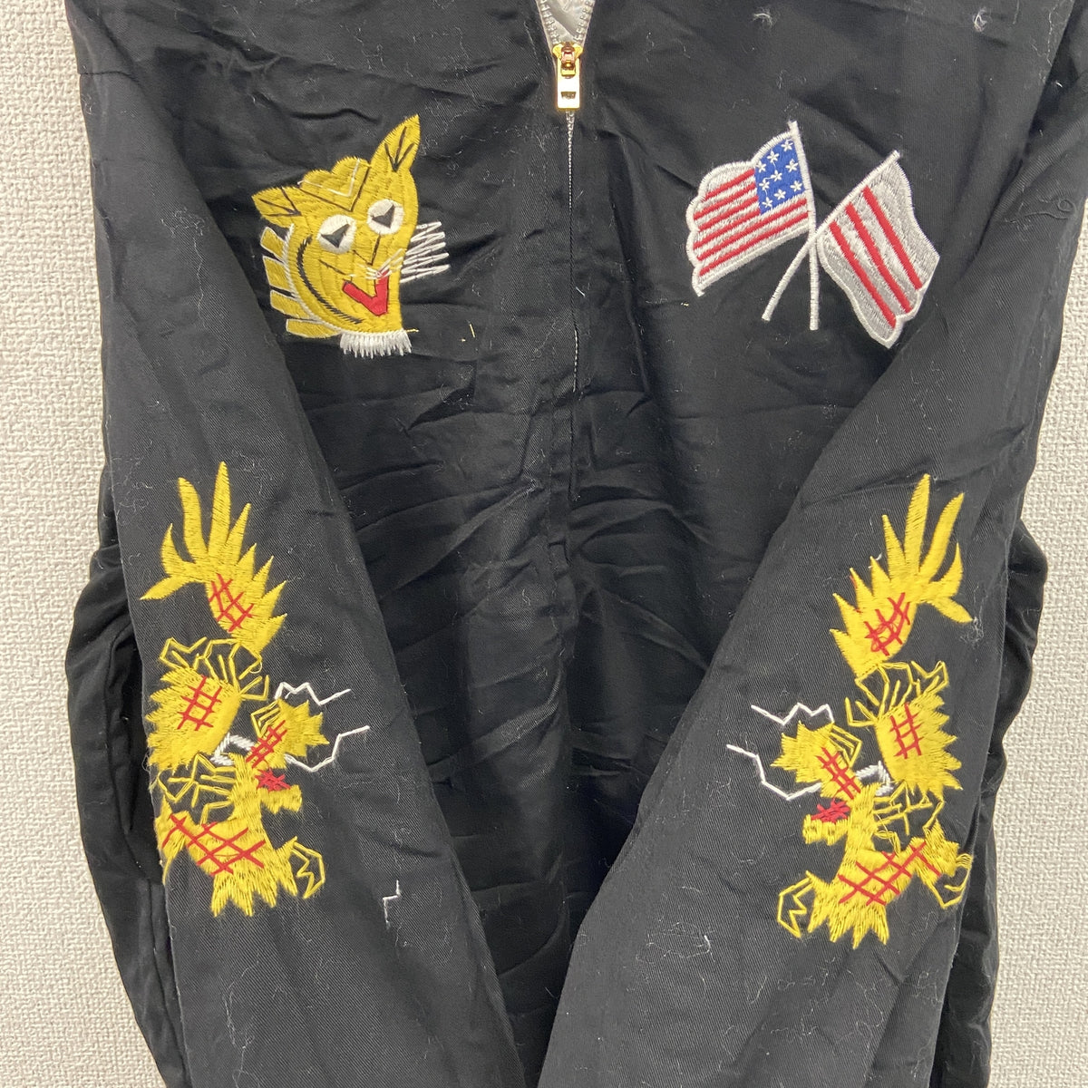 ベトジャン　ベトナムジャケット　スーベニアジャケット　ブルゾン　レプリカ　リメイク　刺繍　黒　ブラック　Lサイズ　古着