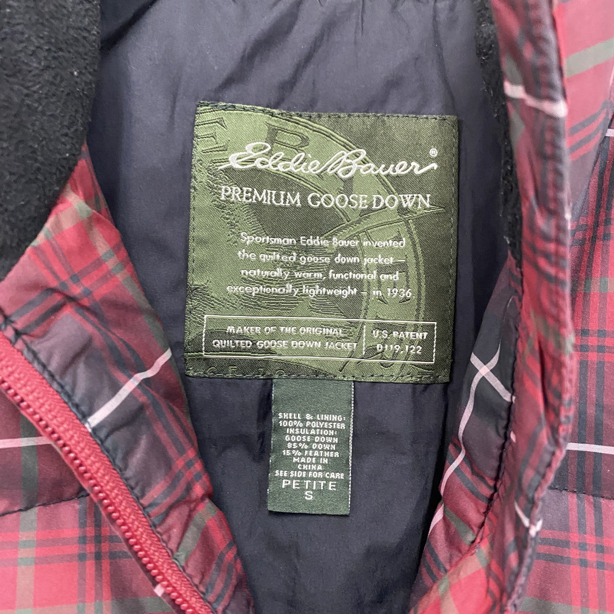 Eddie Bauer　エディバウアー　グースダウンベスト　チェック柄　赤　レッド　Sサイズ　古着