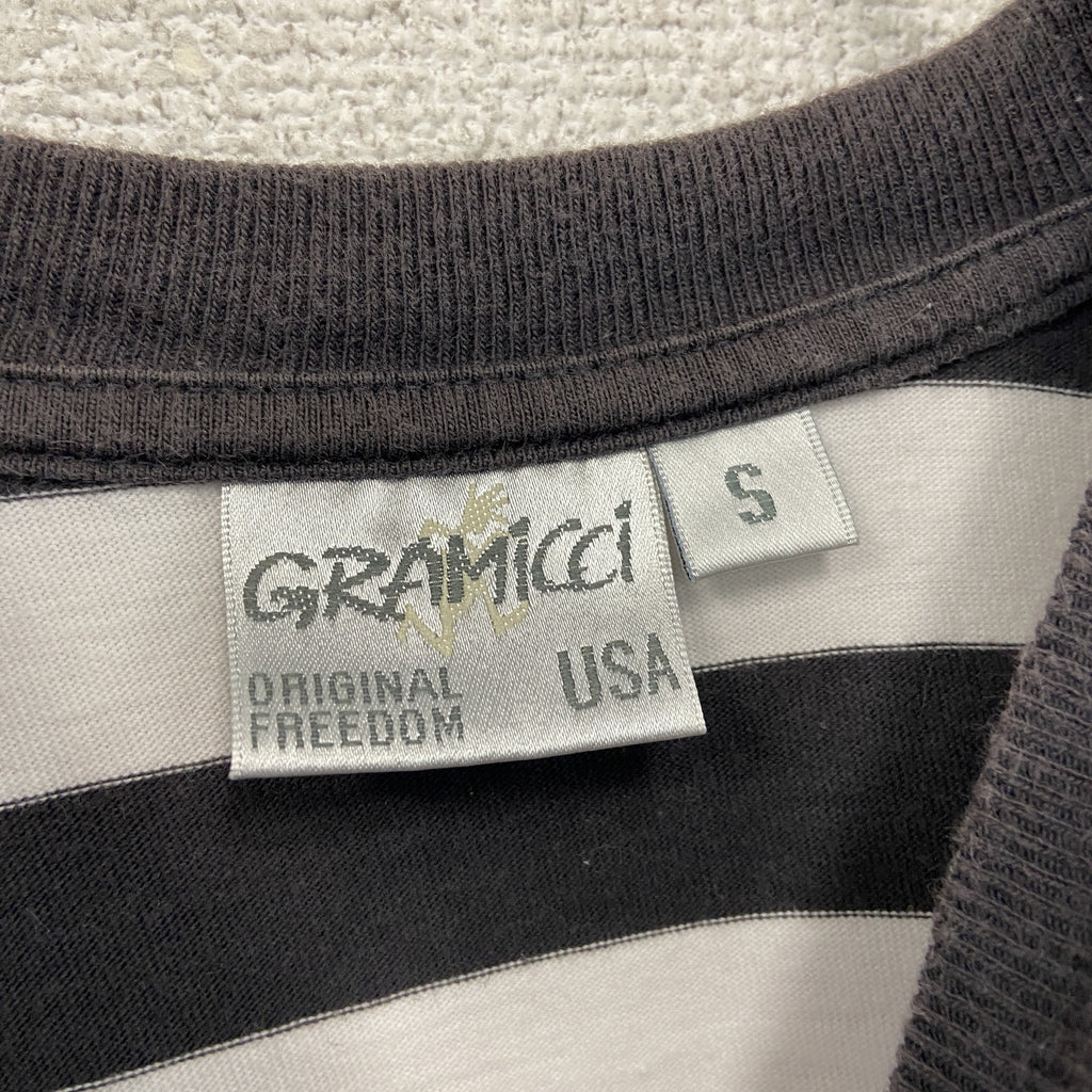 GRAMICCI　グラミチ　半袖Tシャツ　刺ロゴ　ボーダー柄　白　ホワイト　黒　ブラック　Sサイズ　古着